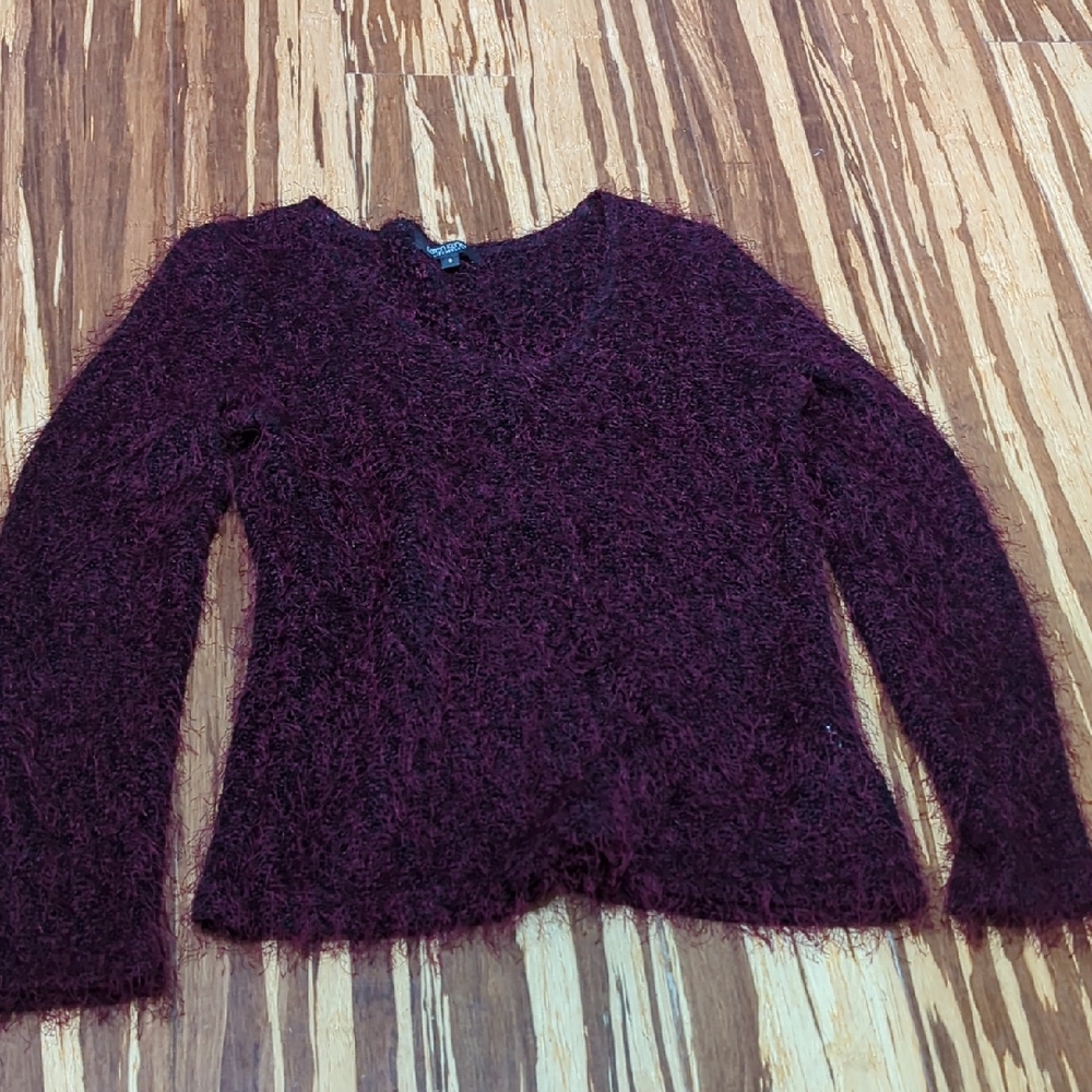 Karen Kane Burgundy Maroon Black Fuzzy V-Neck Sweater